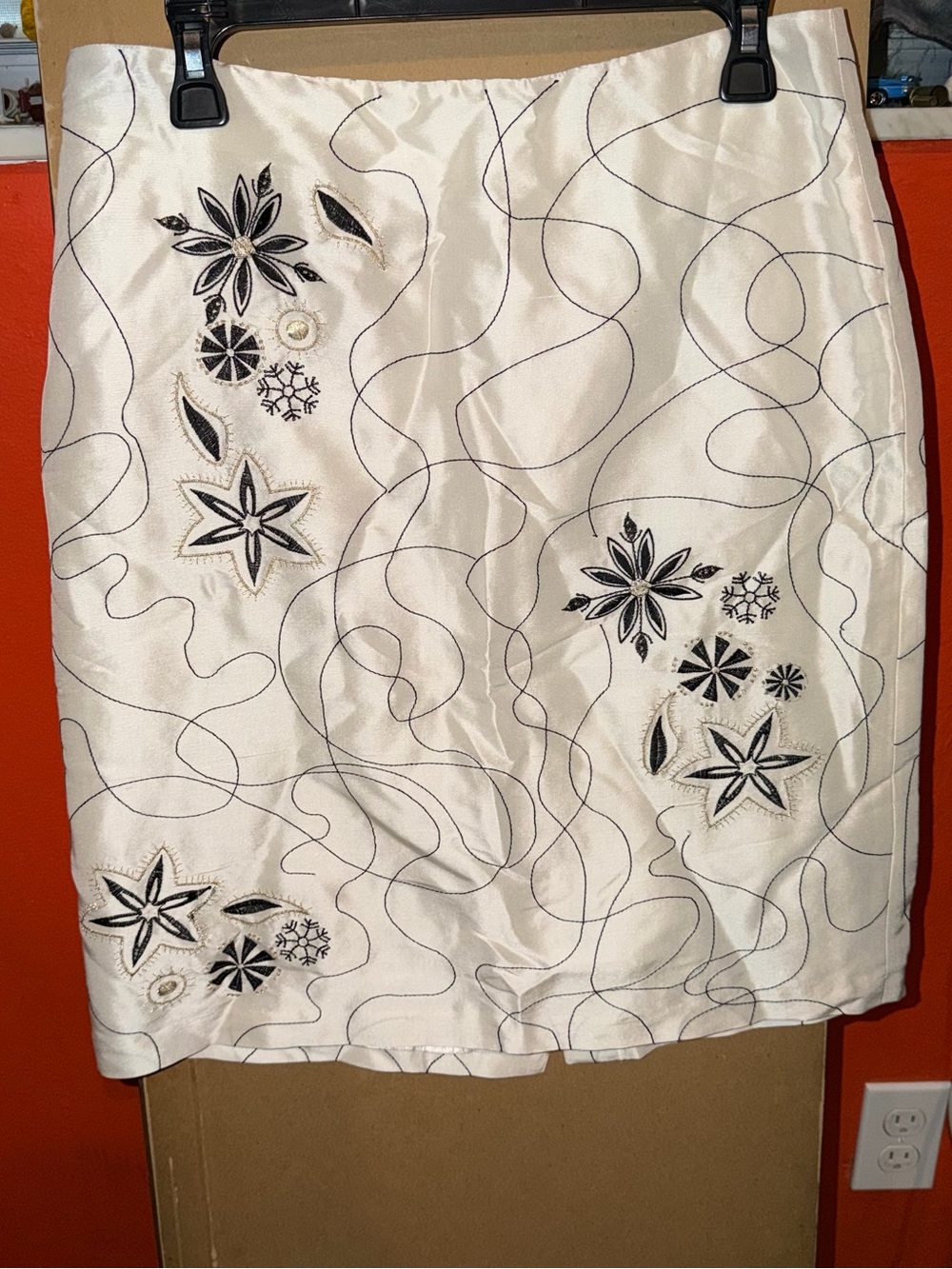 White + Warren White Silk Slip Skirt with Black Embroidery